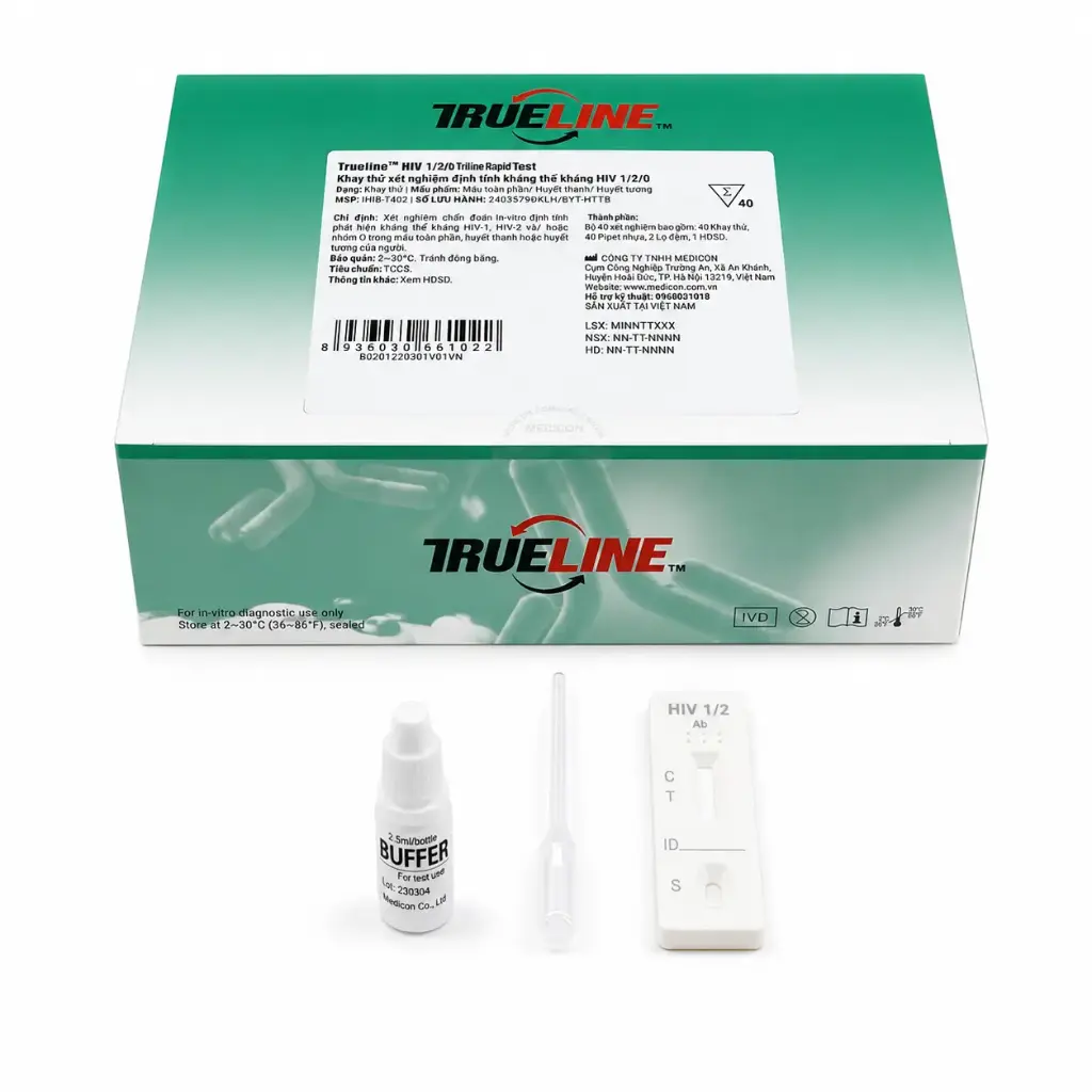 Khay thử xét nghiệm định tính kháng thể kháng HIV 1/2/O [Trueline™ HIV 1/2/O Ab Triline Rapid Test]