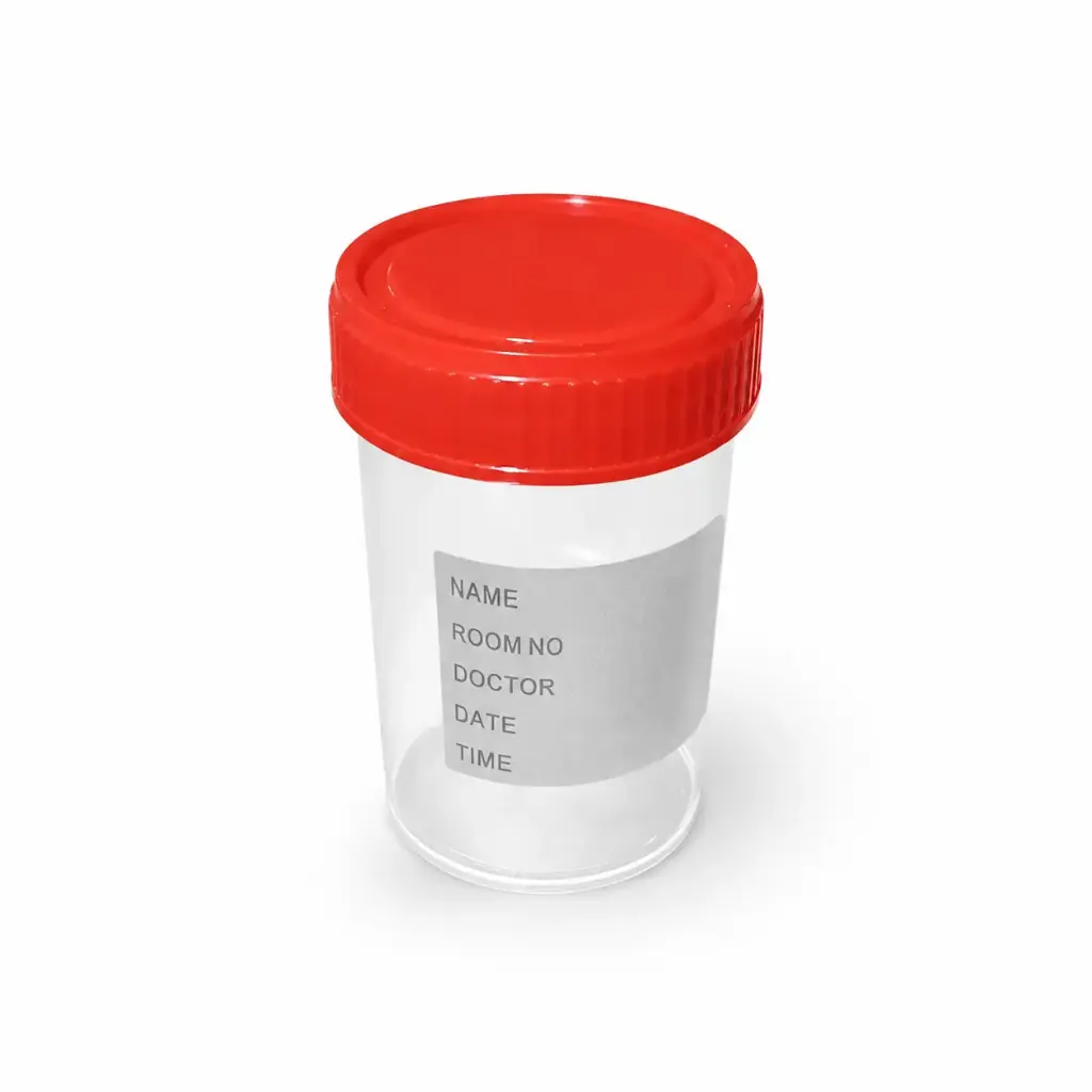 Lọ mẫu nước tiểu nhựa PP 60ml, nắp đỏ, có nhãn [Medisure™ Urine sample container PP 60ml, red cap, label]