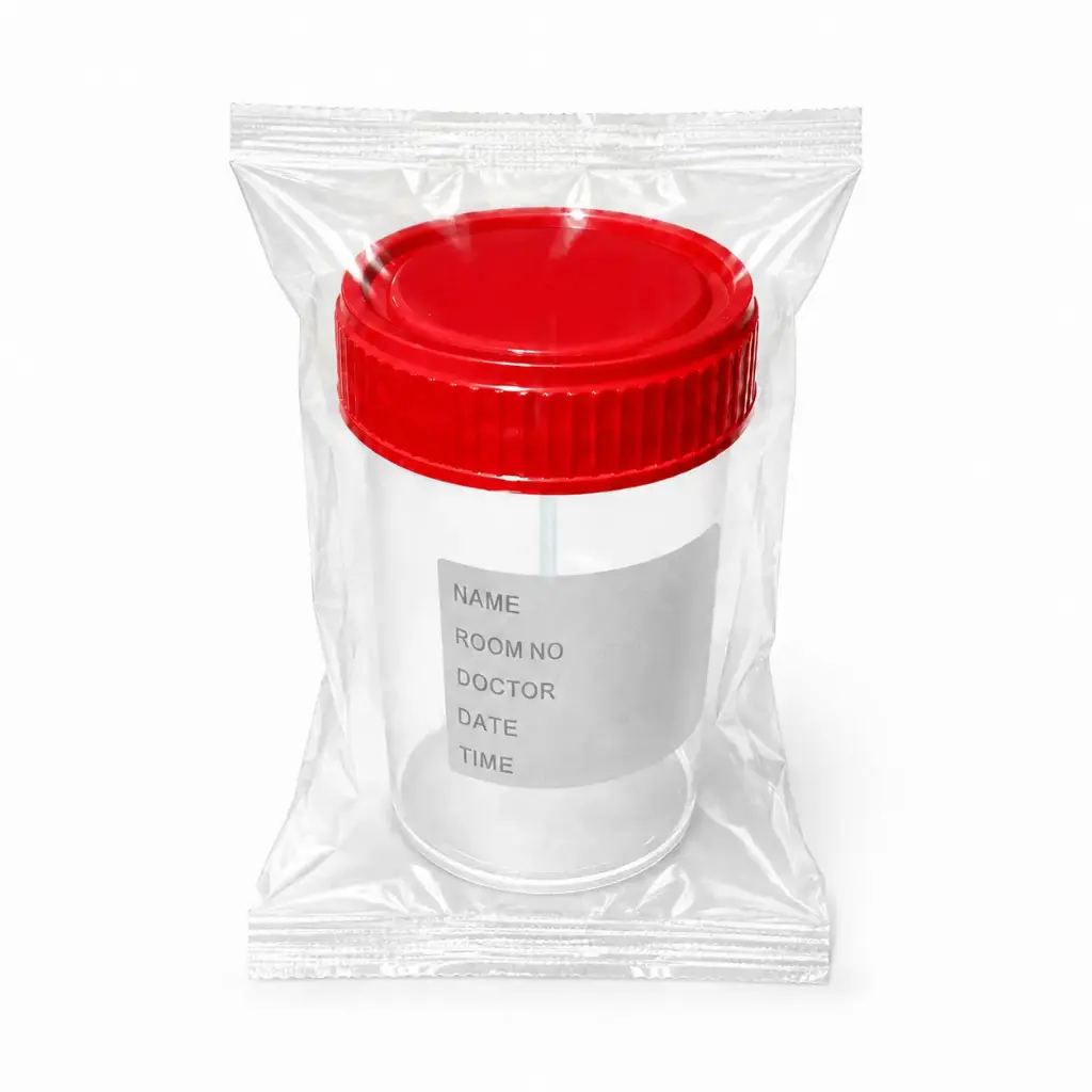 Lọ mẫu nước tiểu nhựa PP 60ml, nắp đỏ, có nhãn, tiệt trùng [Medisure™ Urine sample container PP 60ml, red cap, label, sterilized]