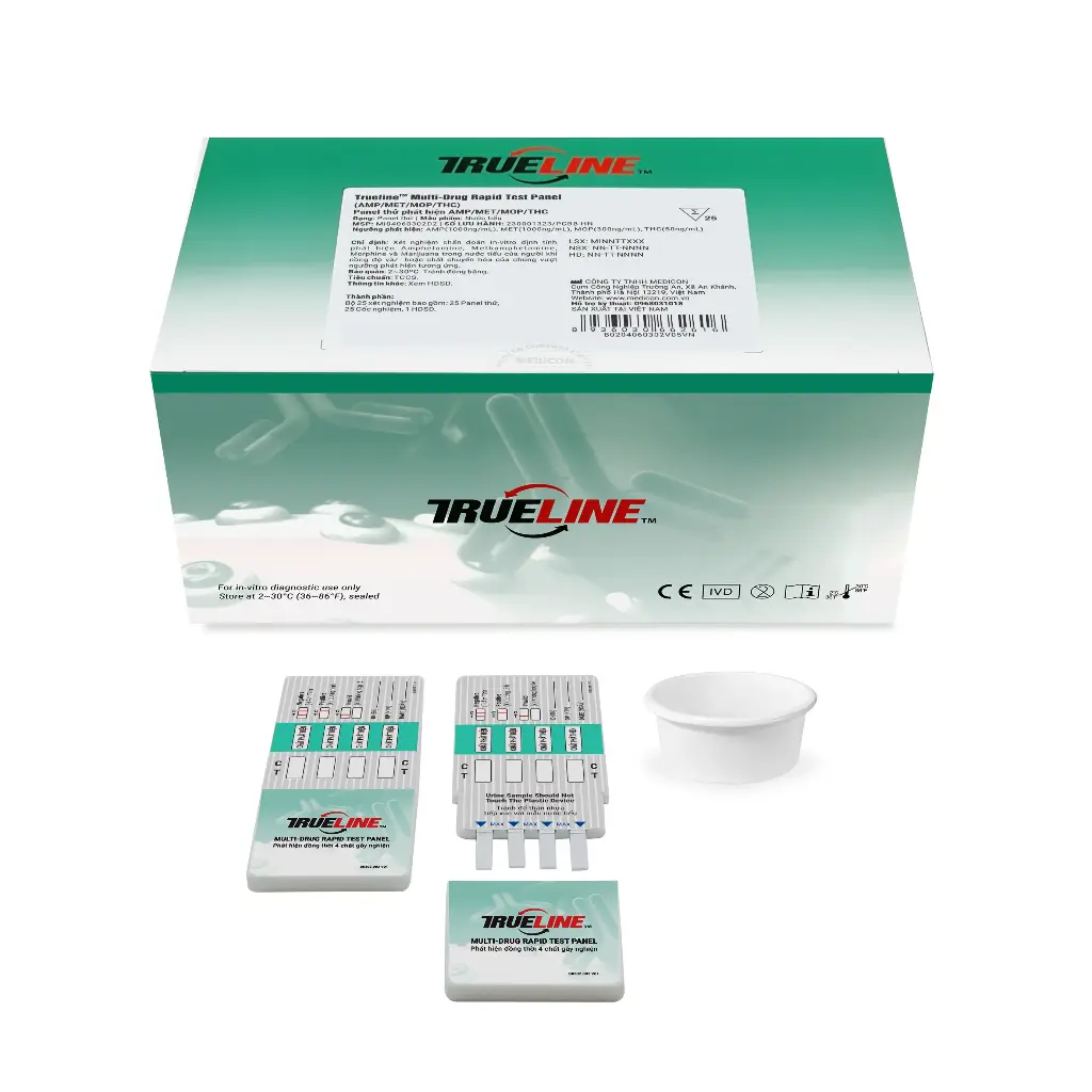 Panel thử xét nghiệm định tính Amphetamine, Methamphetamine, Morphine và Marijuana [Trueline™ Multi-Drug Rapid Test Panel (AMP/MET/MOP/THC)]
