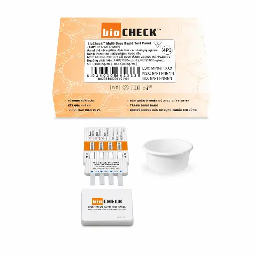 Khay thử xét nghiệm định tính Amphetamine, Ketamine, Methamphetamine và Morphine [Biocheck™ Multi-Drug Rapid Test Device (AMP/KET/MET/MOP)]