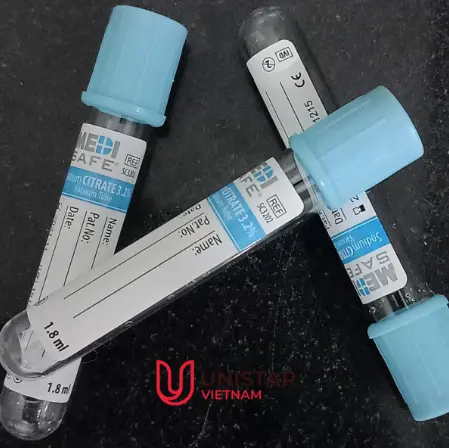 [SC3202] Ống nghiệm máu chân không Sodium Citrate 3.2% , KT 13x75mm, bằng nhựa PET, nắp màu xanh [Medisafe® Sodium Citrate Tube 13*75mm, 3.2%, blue cap] (Khay 100)