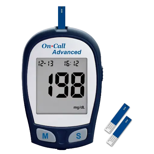 G020207: 01 máy đo đường huyết On Call® Advanced, 01 x hộp 25 que thử On Call® Advanced (đóng vỉ) (Gói 1)
