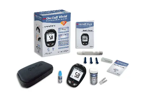 G020208: 01 máy đo đường huyết On Call® Vivid, 01 x hộp 25 que thử On Call® Vivid (đóng vỉ) (Gói 1)